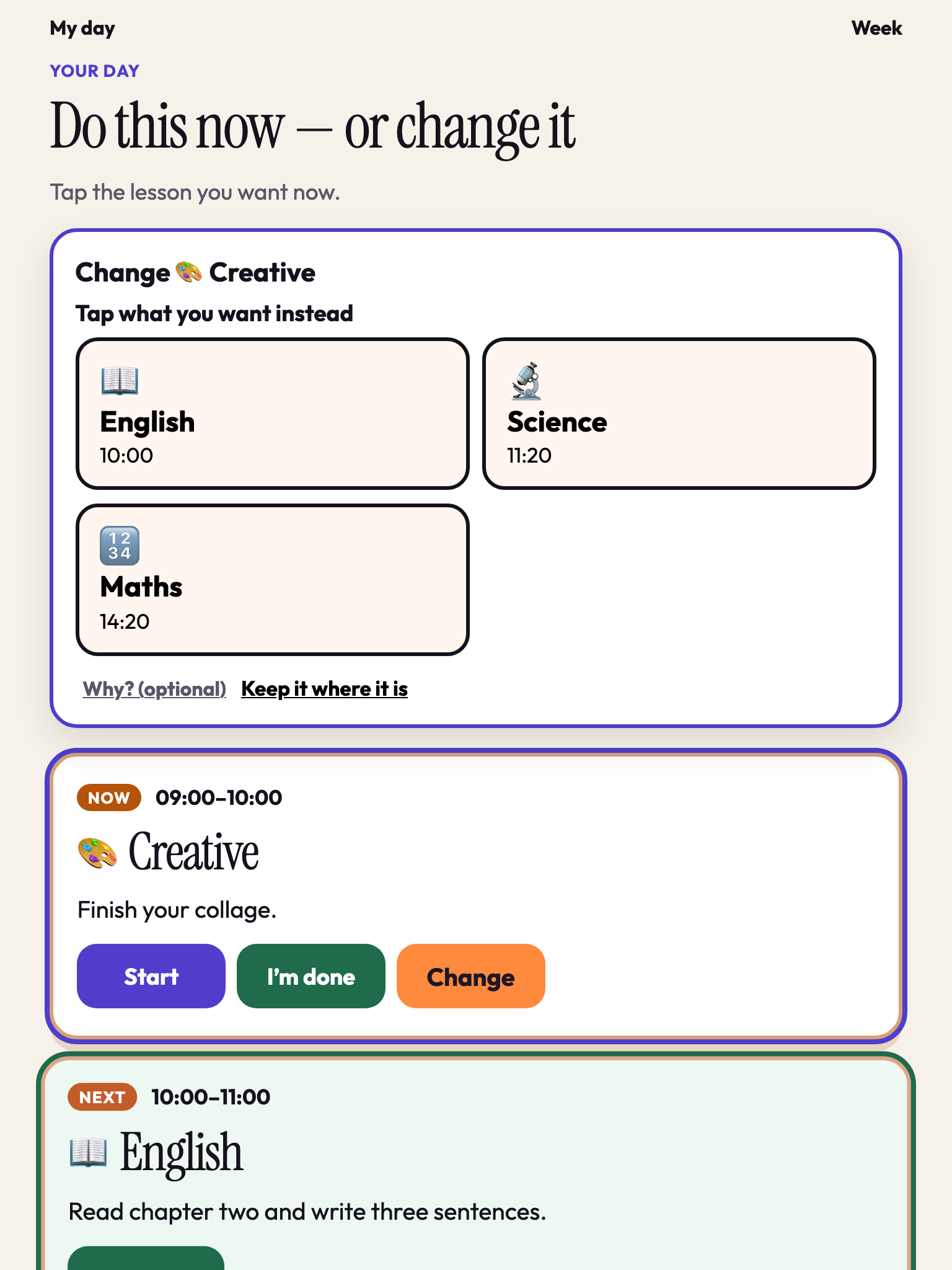 Pupil choosing which lesson to swap with