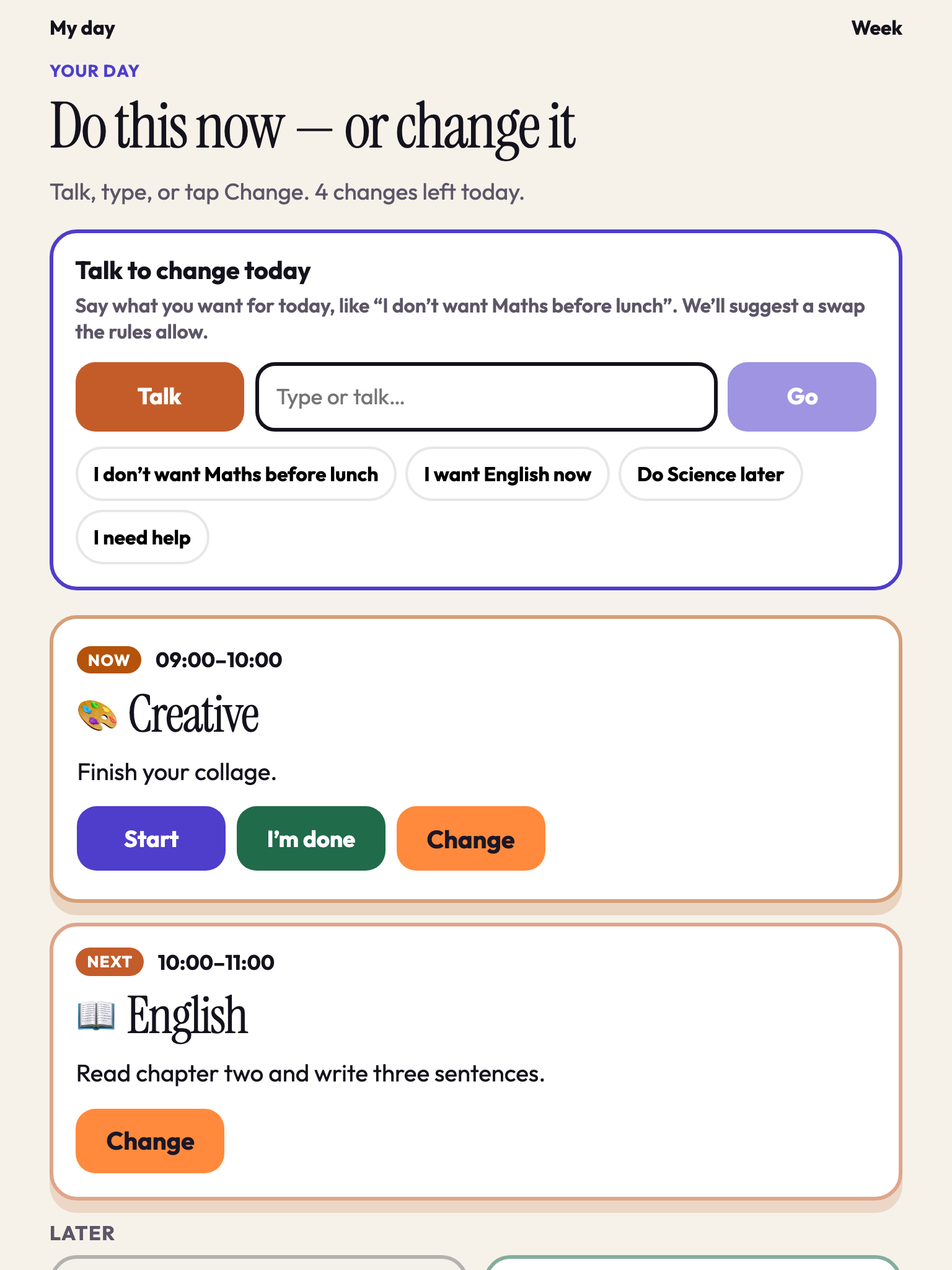 Pupil Today view with Now, Next and Later learning blocks