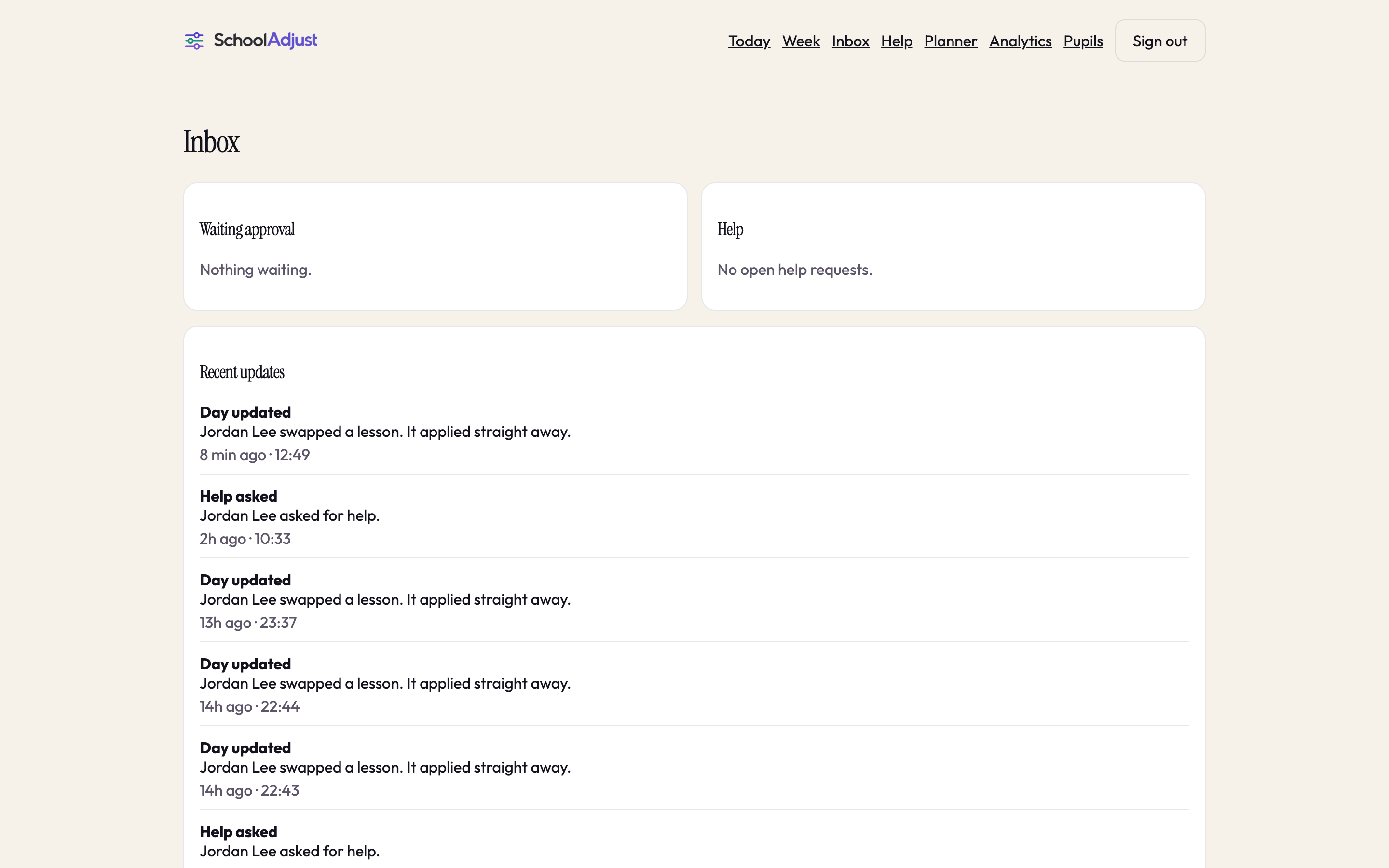 Teacher inbox for help and approval requests